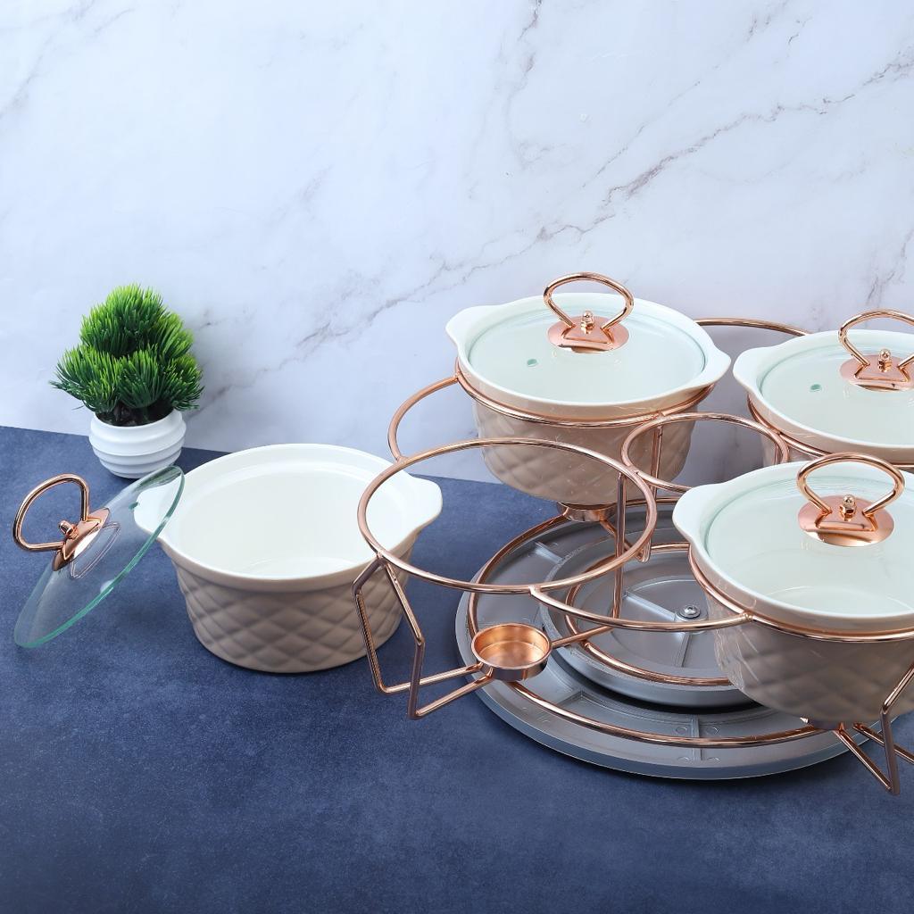 4 Pcs Revolving Chafing Dish Casserole with Lid and Candle warmer stand ( 0.7L X 4 Pcs ) - Amora Crockery