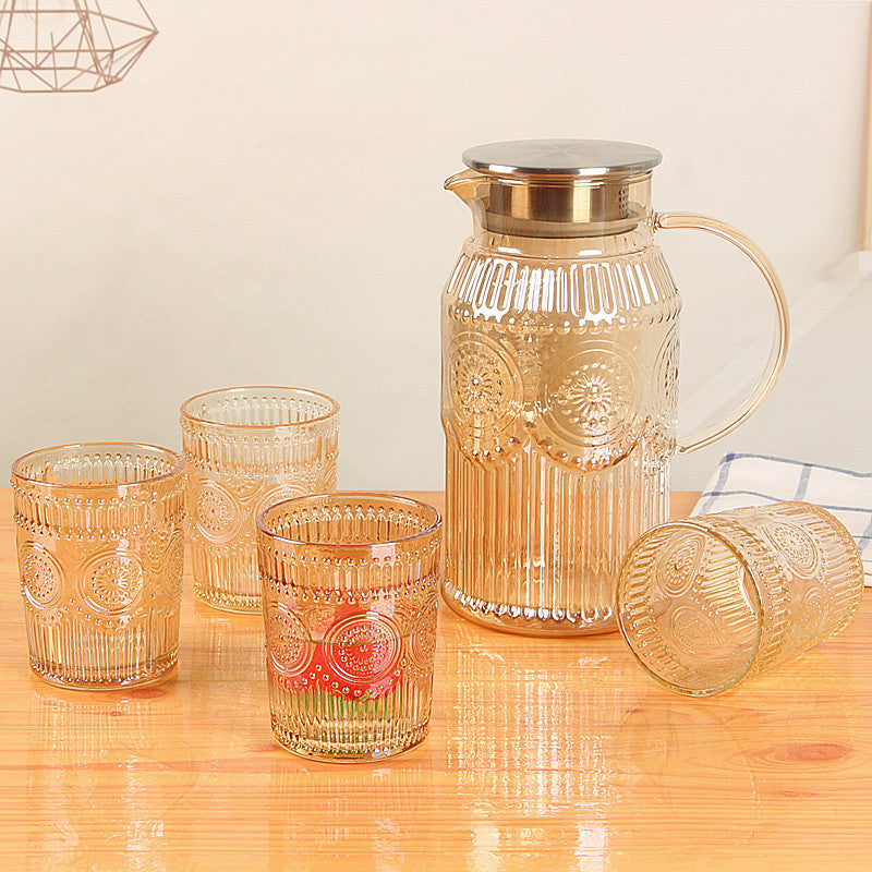 Embossed Amber Color Glass Jug Set with 6 Glasses