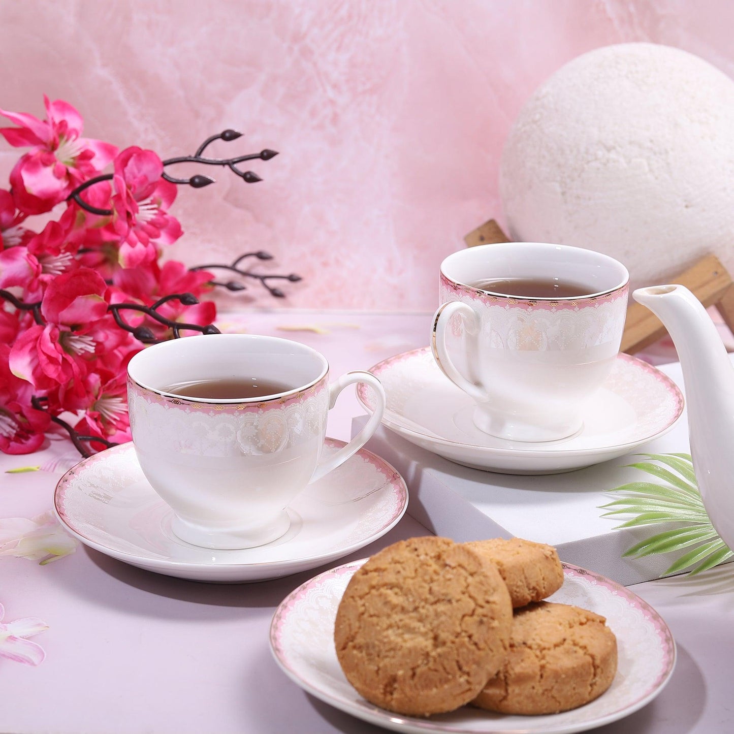 Angel Pink Cup and Saucer Set with Glossy Ivory artwork ( Set of 6 ) - Amora Crockery