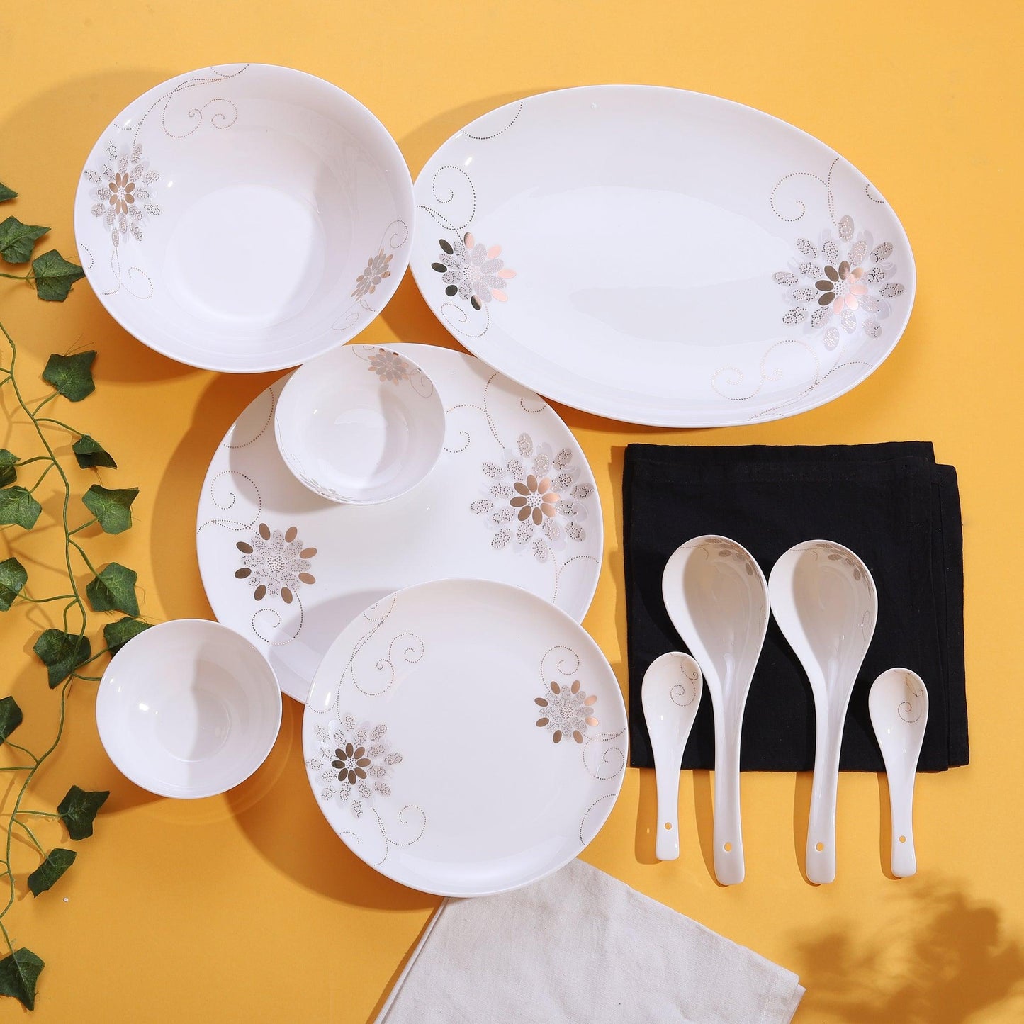 Fleur in Grey and Gold Dinner Set ( Set of 35 Pcs ) - Amora Crockery