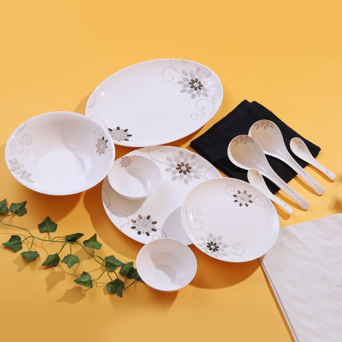 Fleur in Grey and Gold Dinner Set ( Set of 35 Pcs ) - Amora Crockery
