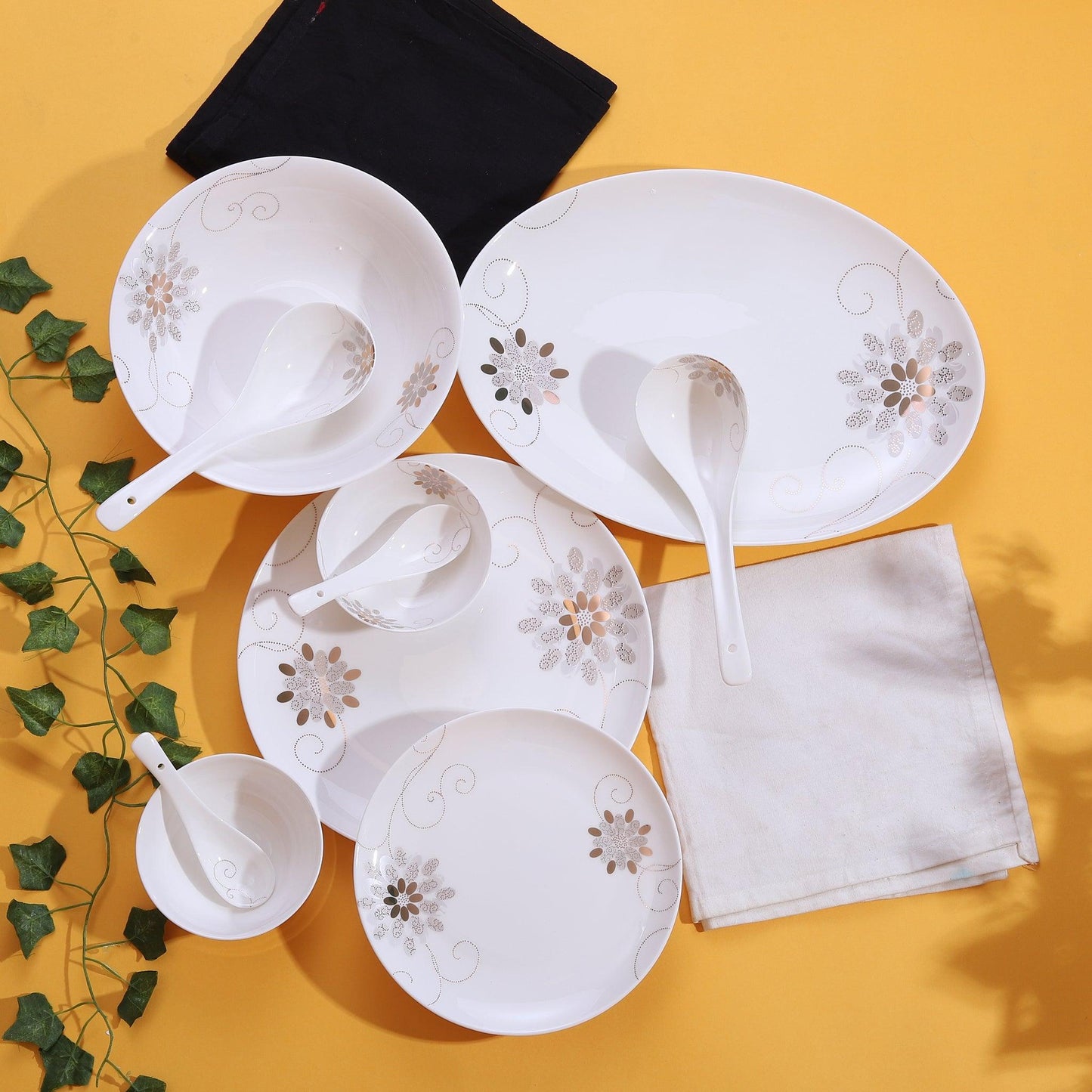 Fleur in Grey and Gold Dinner Set ( Set of 35 Pcs ) - Amora Crockery
