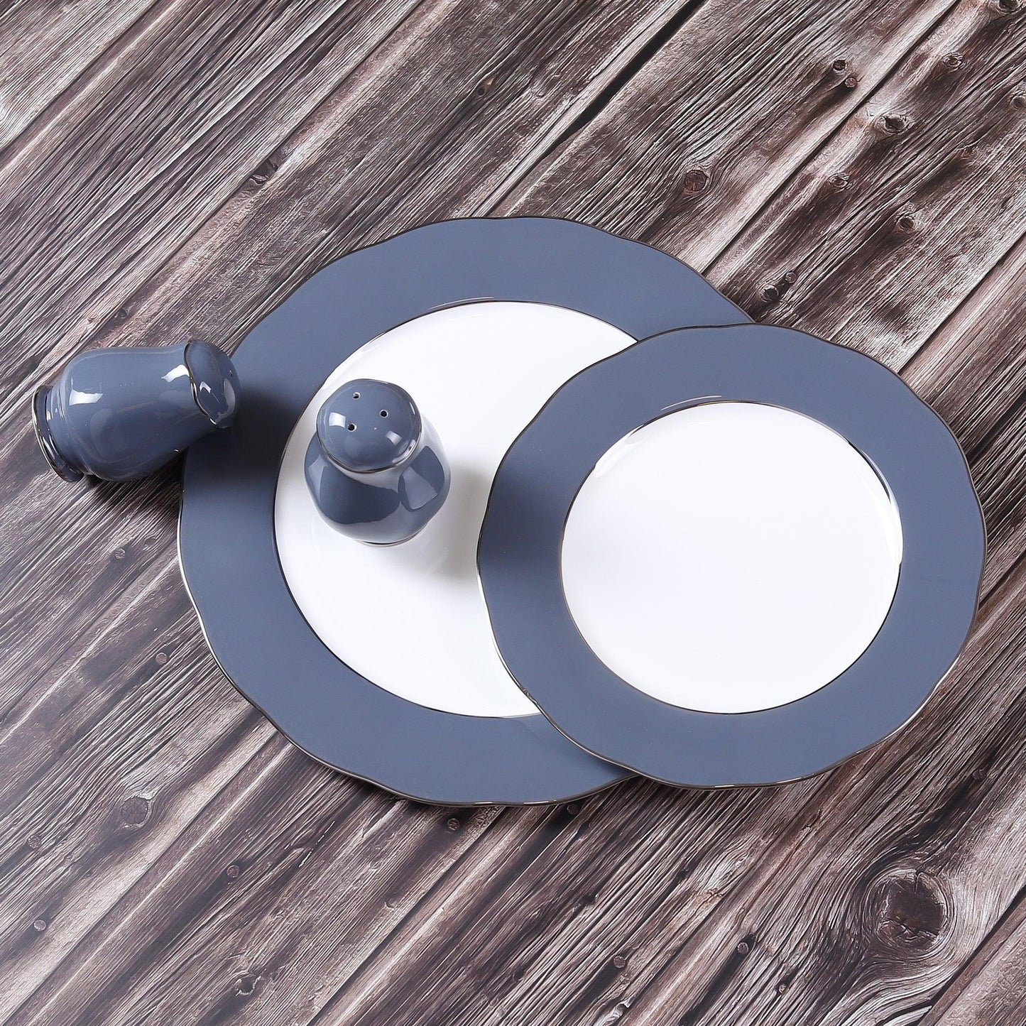 Mangata Grey Serving Snacks Set / Platter Set with Silver Rim - Amora Crockery