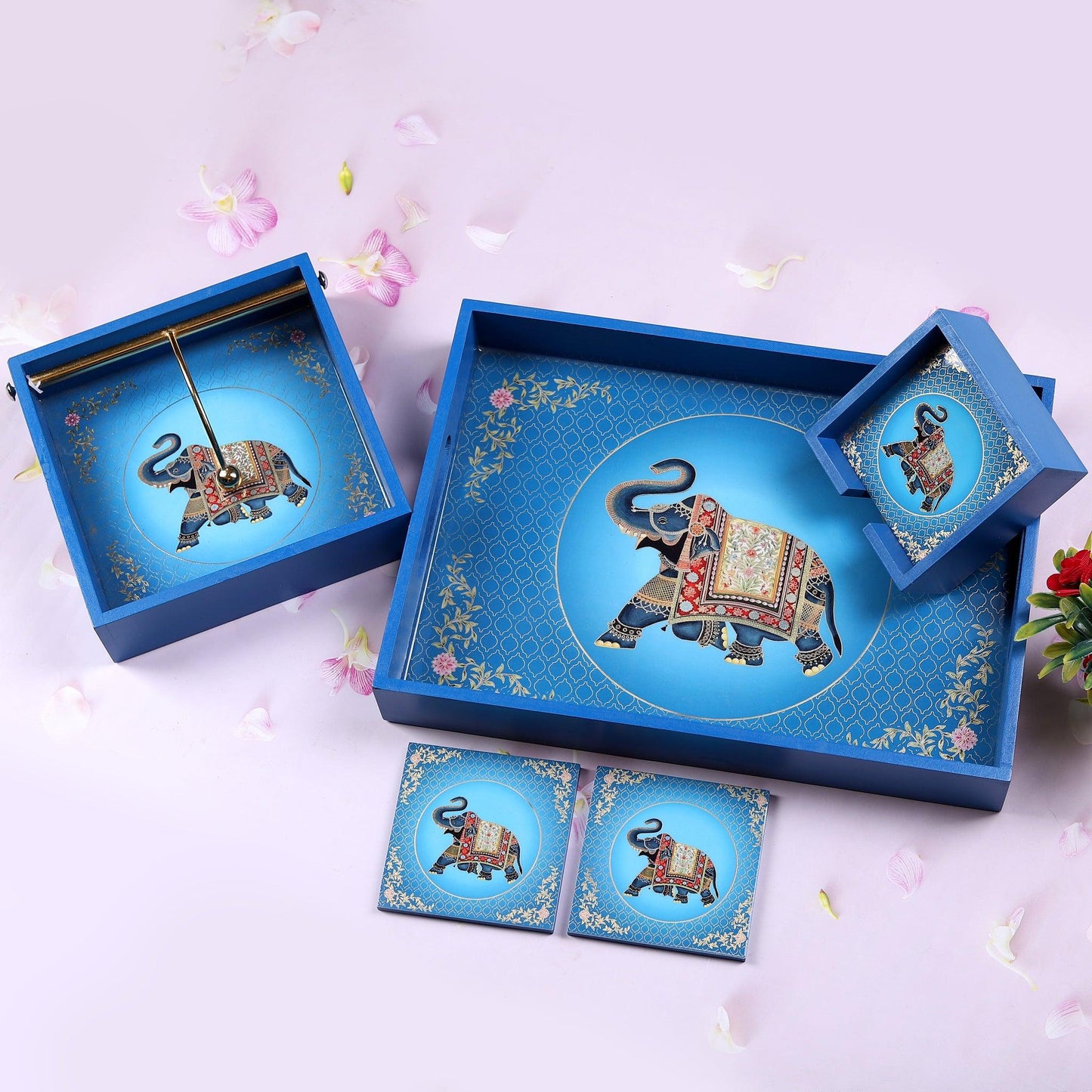 Mughal Era Theme Serving Tray, Tissue Holder and Coaster Set - Amora Crockery