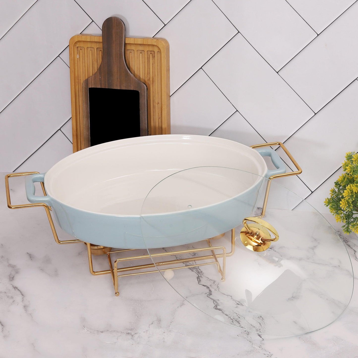 Oval Blue Chafing Dish Casserole with Candle Warmer Stand 43 CM 3 litre - Amora Crockery