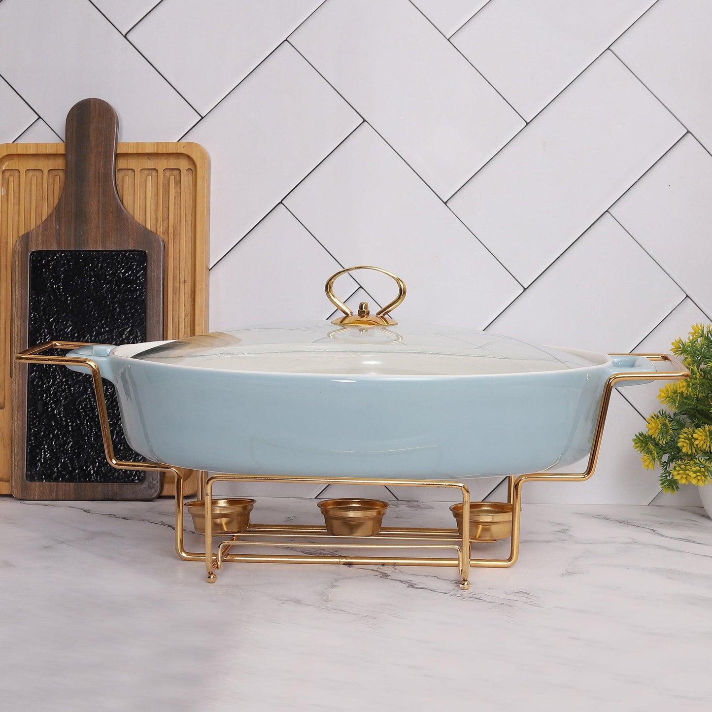 Oval Blue Chafing Dish Casserole with Candle Warmer Stand 43 CM 3 litre - Amora Crockery