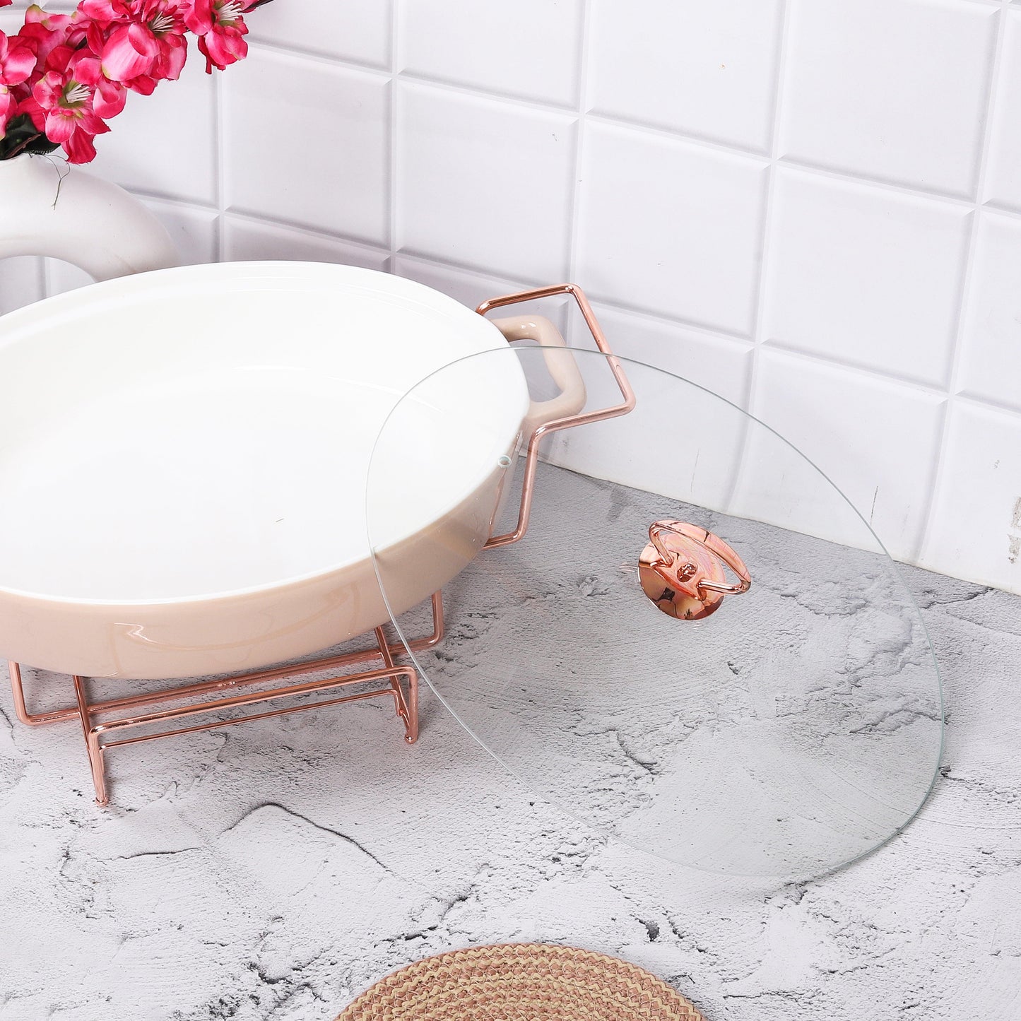 Oval Rose Gold Chafing Dish Casserole with Candle Warmer Stand 43 CM 3 litre - Amora Crockery
