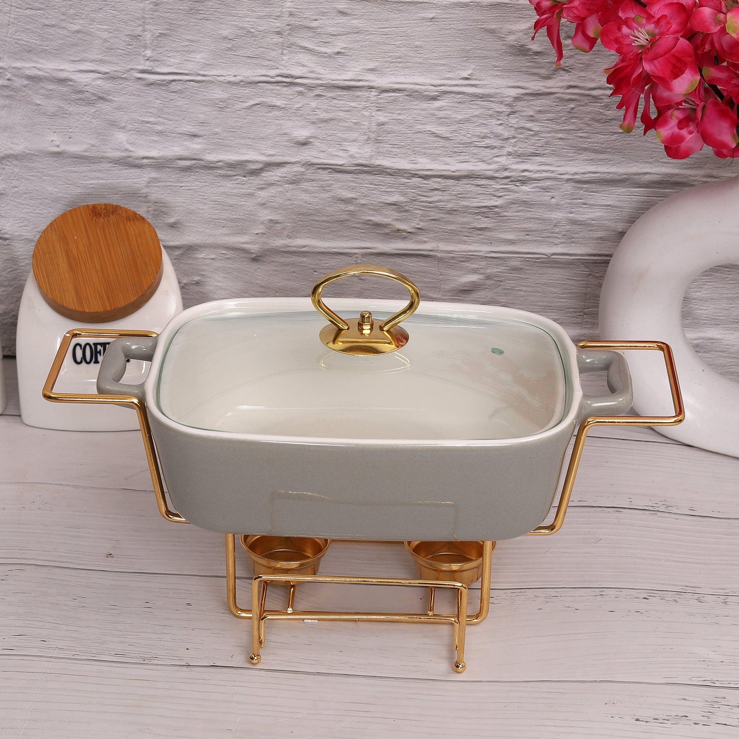 Rectangle Grey Casserole with Candle Warmer Stand 30.5 cm, 1.5 litre - Amora Crockery