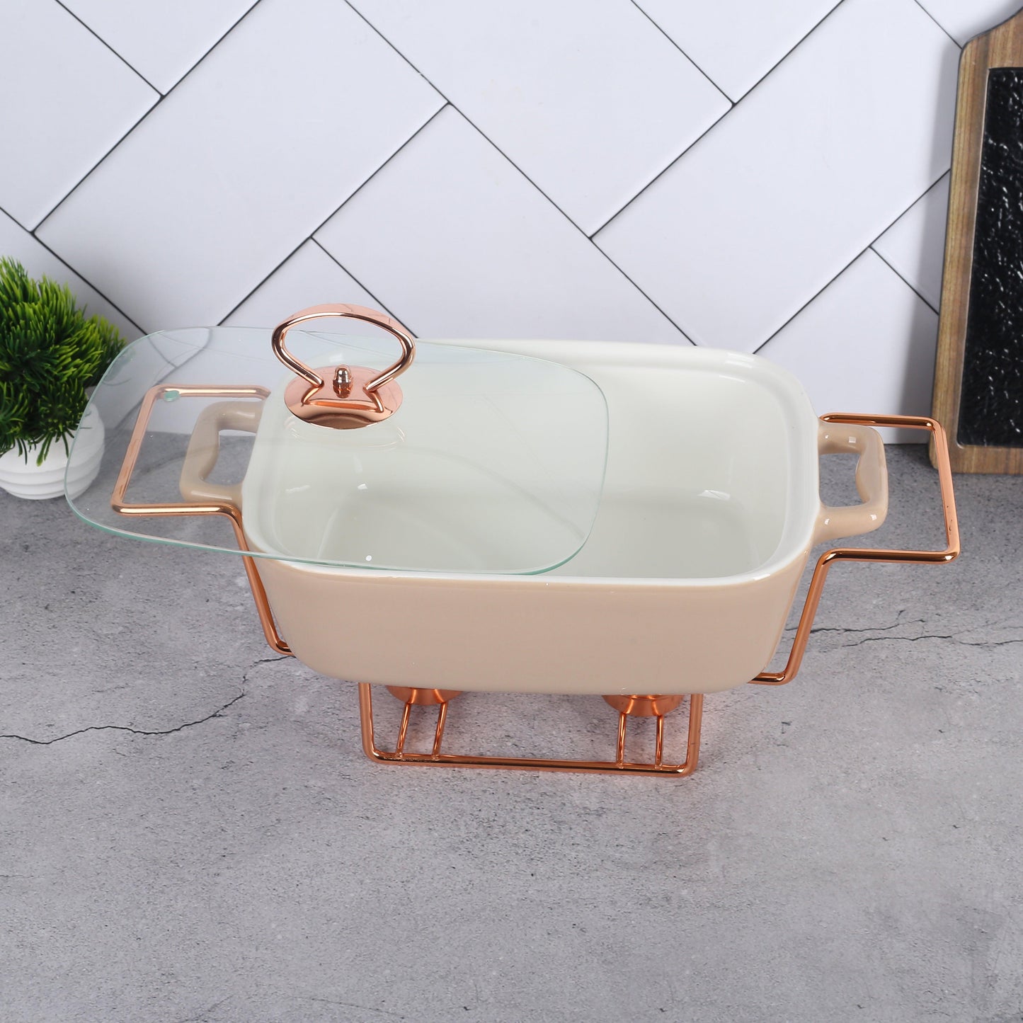 Rectangle Rose Gold Chafing Dish Casserole with Candle Warmer Stand 30.5 cm, 1.5 litre - Amora Crockery