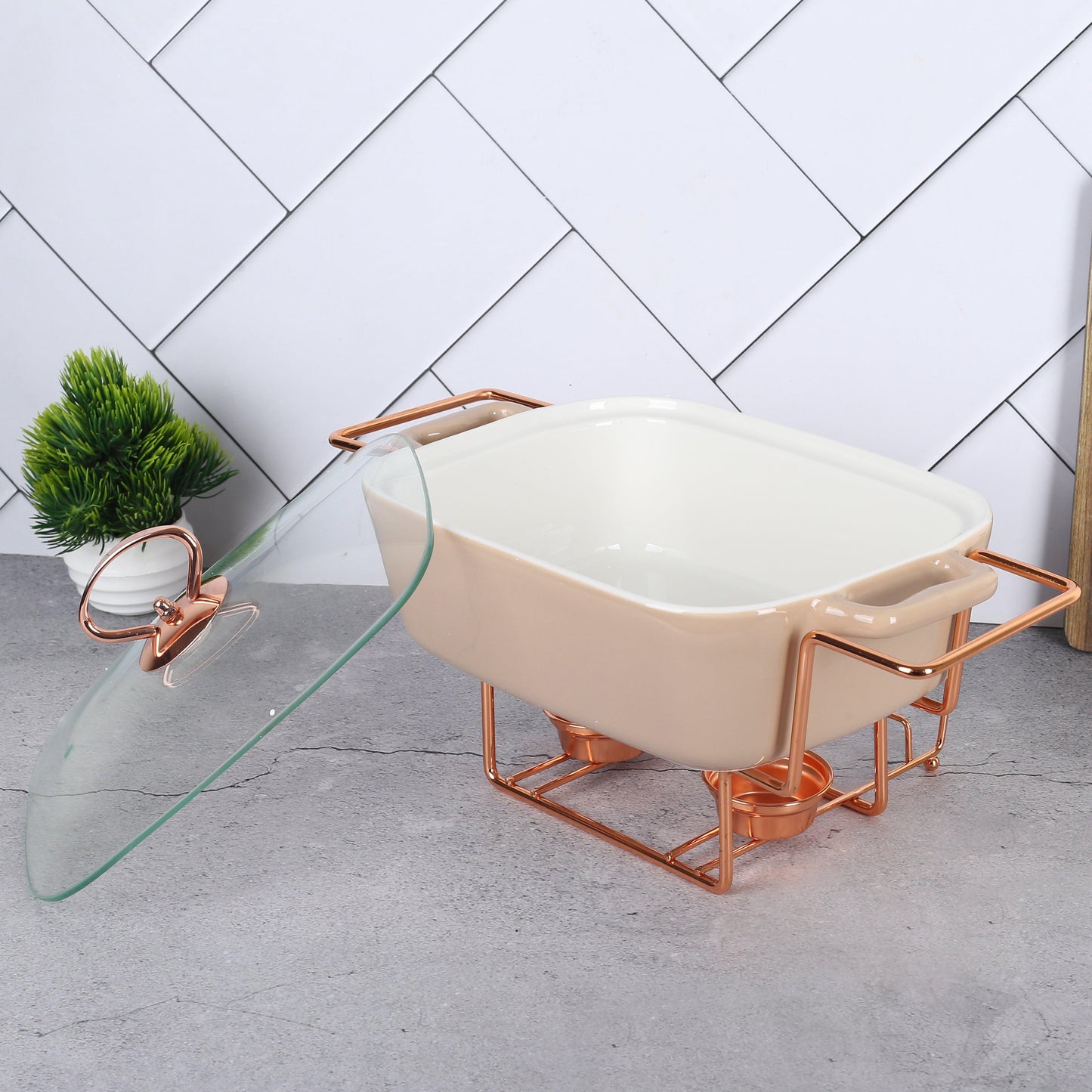 Rectangle Rose Gold Chafing Dish Casserole with Candle Warmer Stand 30.5 cm, 1.5 litre - Amora Crockery