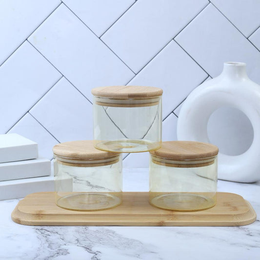 4 Pcs Amber Color Airtight Jars with Wooden Tray - Amora Crockery