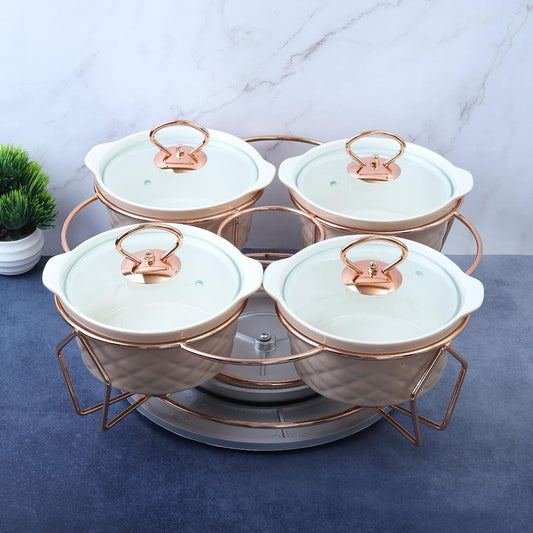 4 Pcs Revolving Chafing Dish Casserole with Lid and Candle warmer stand ( 0.7L X 4 Pcs ) - Amora Crockery