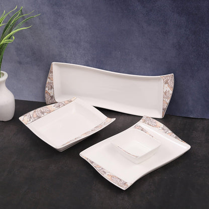 6 Pcs Snacks Serving Set with Floral Boundry ( 3 Serving Trays and 3 Bowls ) - Amora Crockery