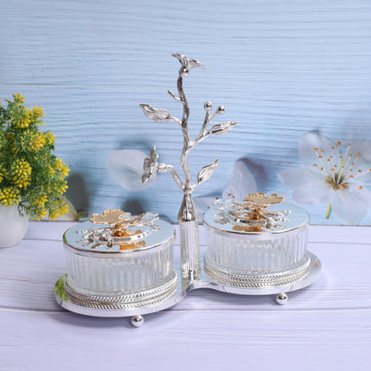 Floral adorned silver 2 in 1 dry fruit holder with lid