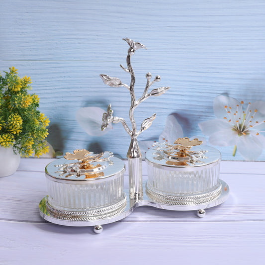 Floral adorned silver 2 in 1 dry fruit holder with lid