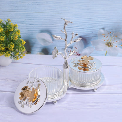 Floral adorned silver 2 in 1 dry fruit holder with lid