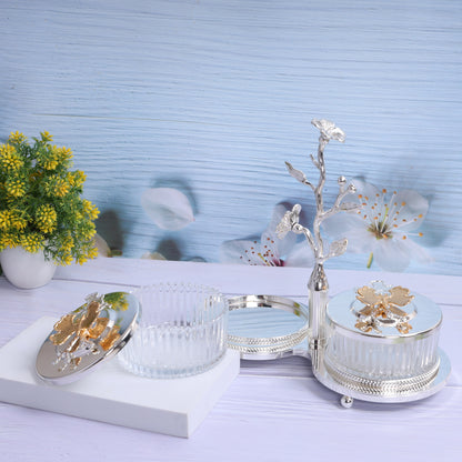 Floral adorned silver 2 in 1 dry fruit holder with lid