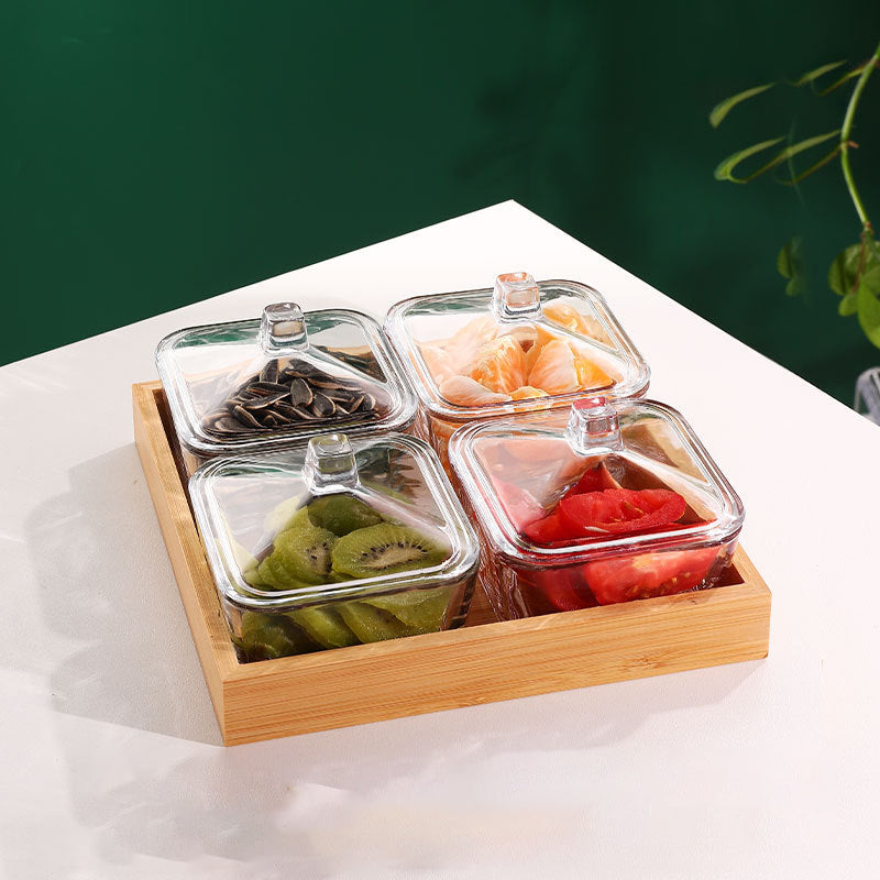 Wooden Serving Tray with 4 Glass Containers and Lid
