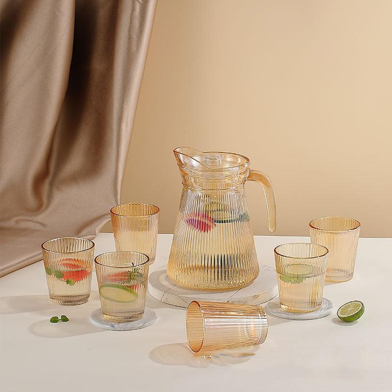 Amber Color Glass Jug Set with 6 Glasses - Amora Crockery
