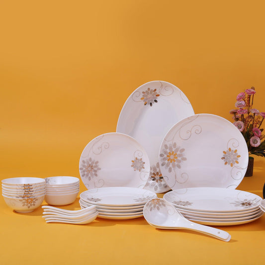 Fleur in Grey and Gold Dinner Set ( Set of 35 Pcs ) - Amora Crockery