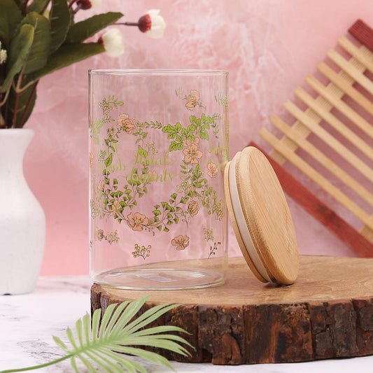 Floral Print Borosilicate Glass Jar with airtight Wooden Lid 1.05 litre - Amora Crockery