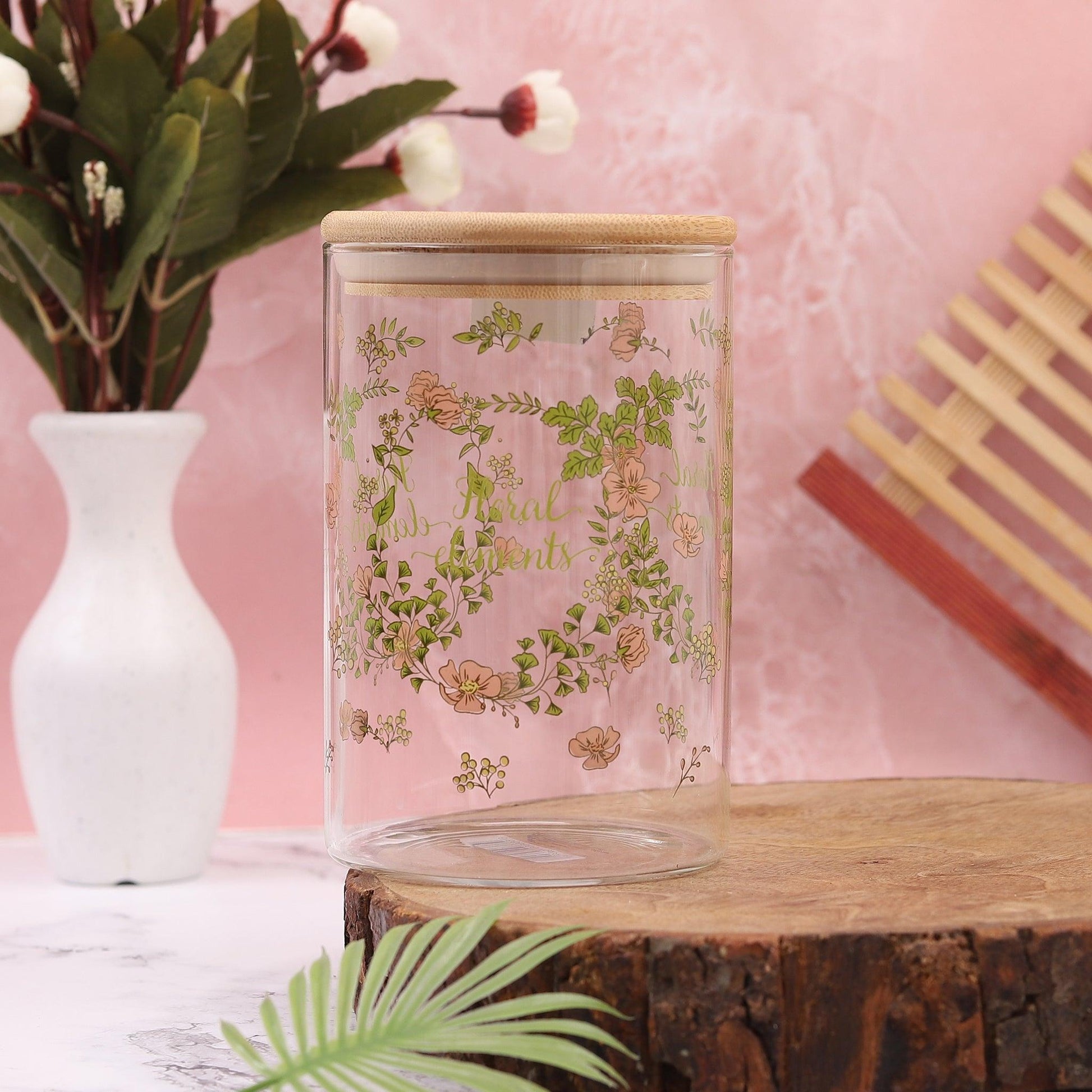 Floral Print Borosilicate Glass Jar with airtight Wooden Lid 1.05 litre - Amora Crockery