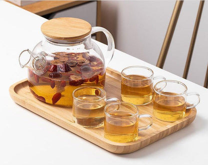 Glass Kettle with Cup Set and Wooden Tray for Tea, Coffee (Set of 4 Cups and Glass Teapot with Bamboo Wooden Tray) - Amora Crockery