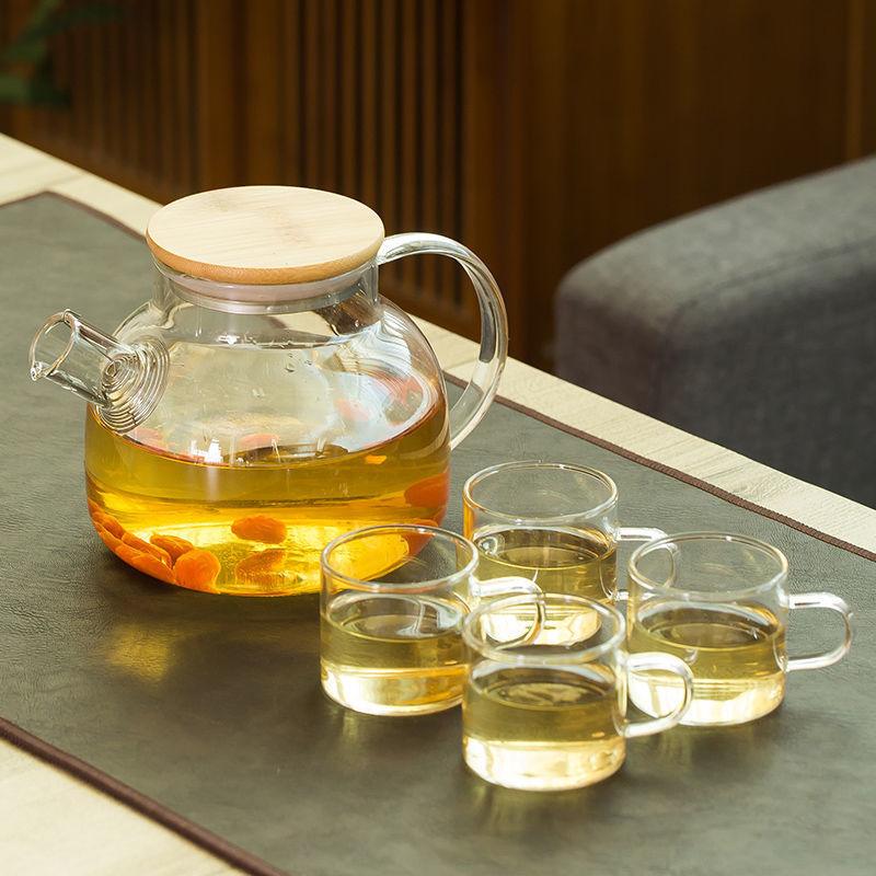Glass Kettle with Cup Set and Wooden Tray for Tea, Coffee (Set of 4 Cups and Glass Teapot with Bamboo Wooden Tray) - Amora Crockery
