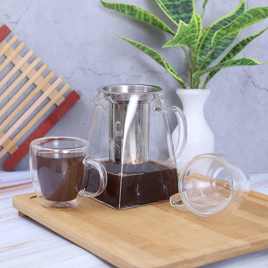 Glass Tea Kettle with Infuser and 4 Double wall Glass Cups - Amora Crockery