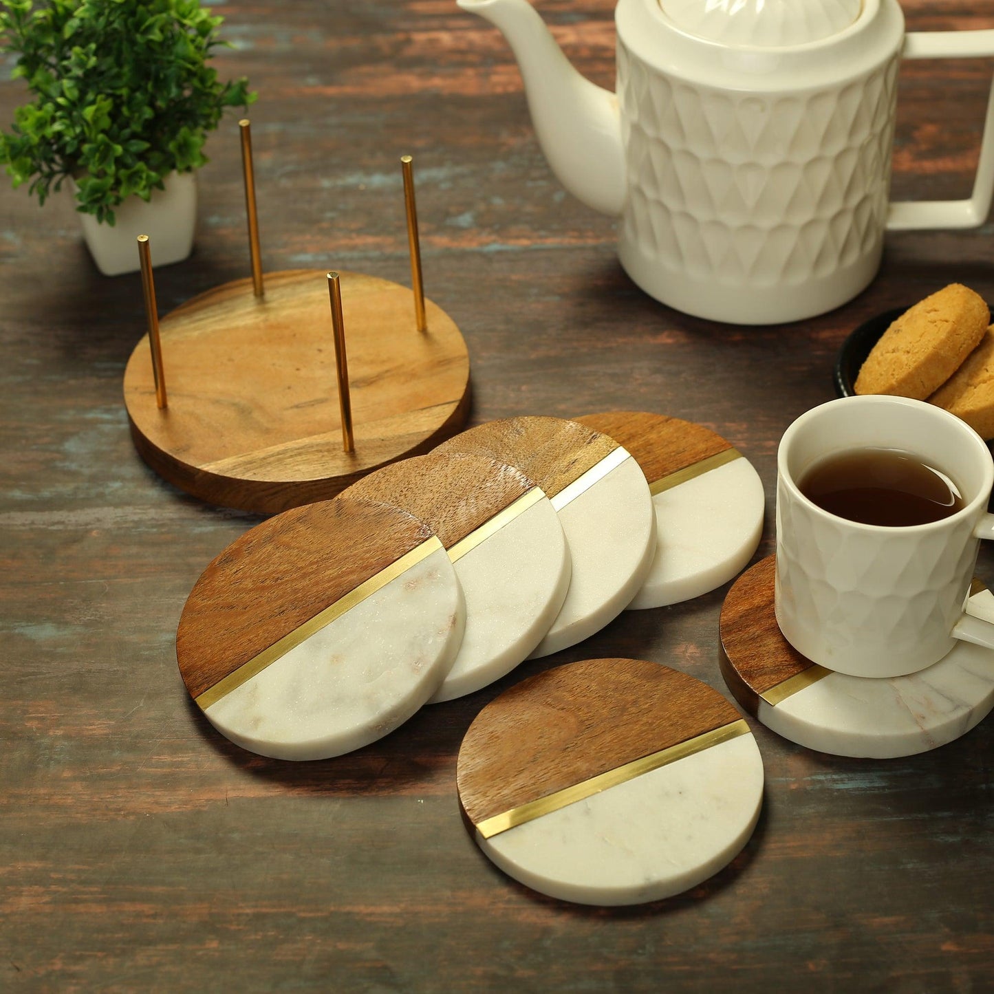 Half Marble Half Wooden Coasters in Set of 6 - Amora Crockery