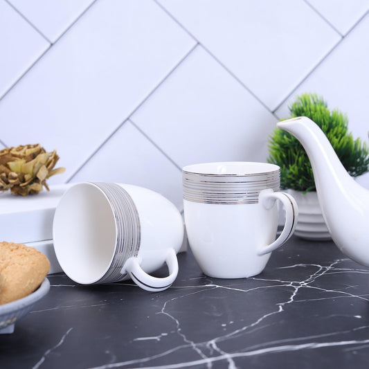 Imported Silver shiny parallel Line Print Tea and Coffee Mug ( Set of 6 ) - Amora Crockery