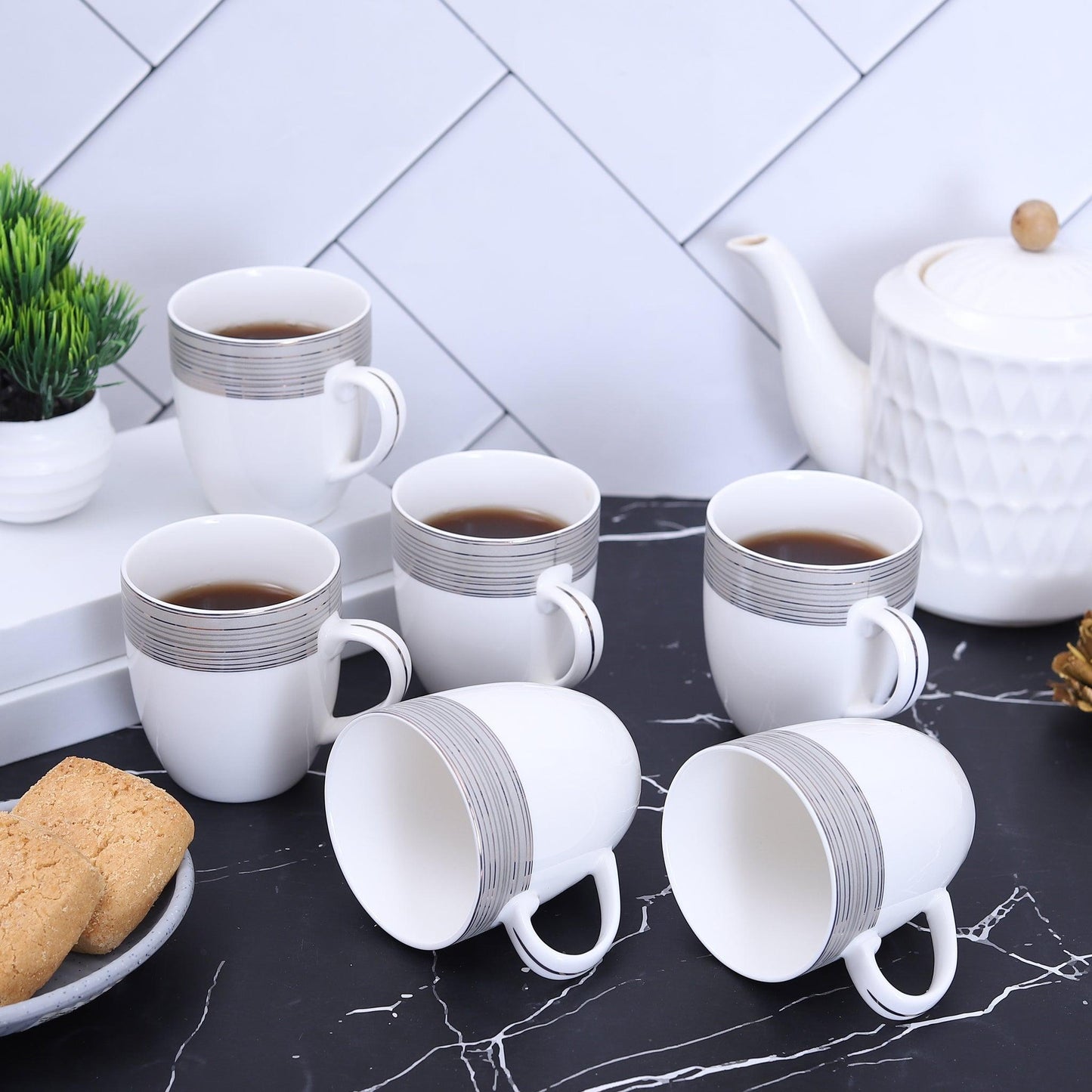 Imported Silver shiny parallel Line Print Tea and Coffee Mug ( Set of 6 ) - Amora Crockery