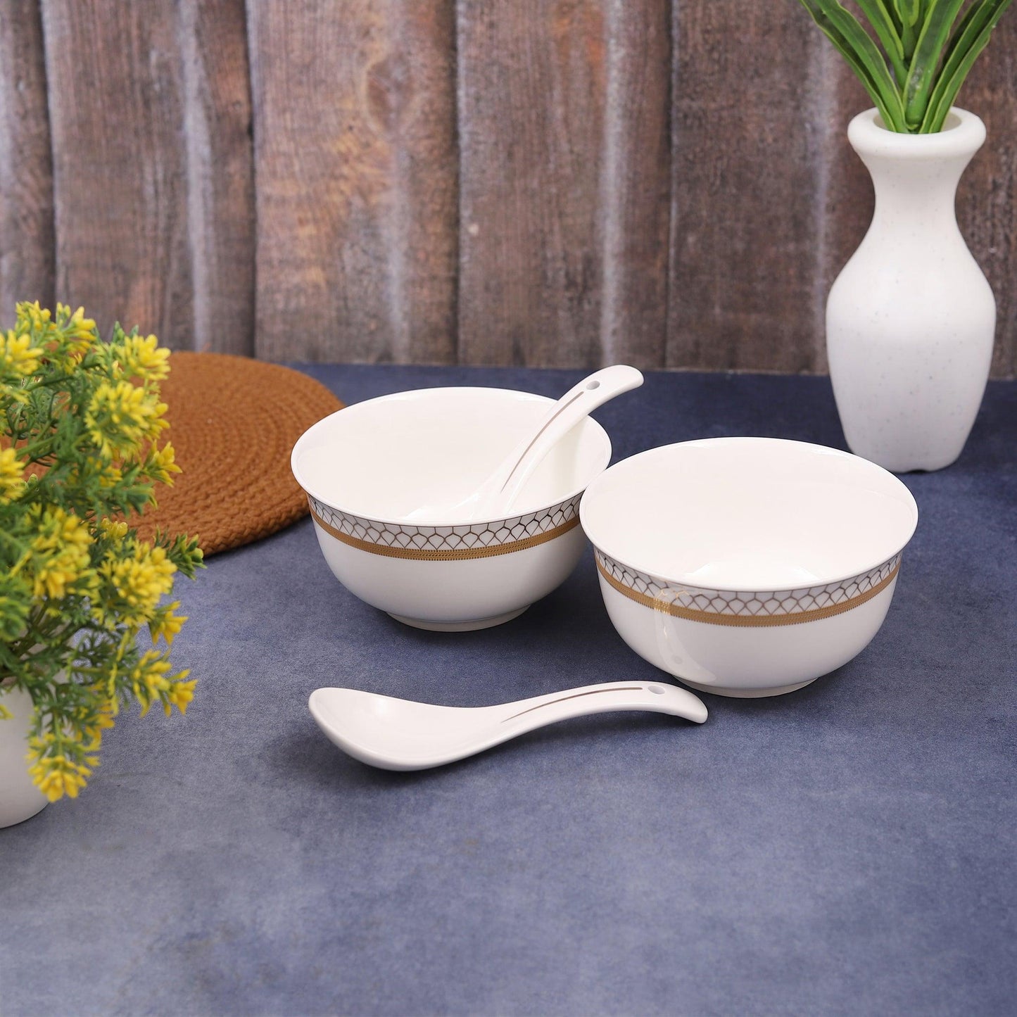 Japanese Paan Design Opalware Soup Bowls with Spoon ( Set of 6 ) - Amora Crockery