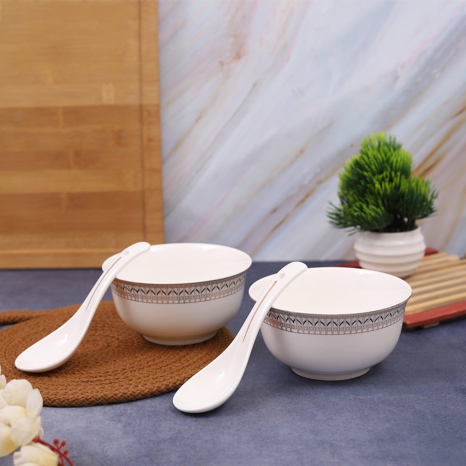 Japanese Symmetrical Design in Silver Soup Bowls with Spoon (Set of 6) - Amora Crockery