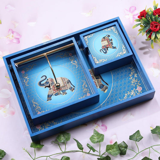 Mughal Era Theme Serving Tray, Tissue Holder and Coaster Set - Amora Crockery