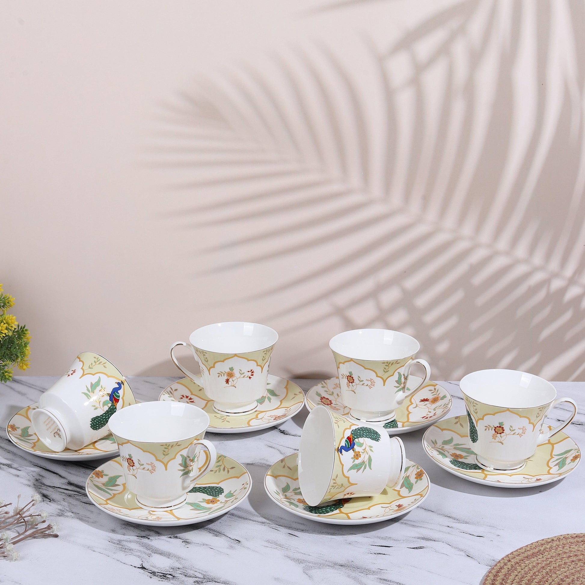 Mughal fav Peacock in Cup and Saucer ( Set of 6 ) - Amora Crockery