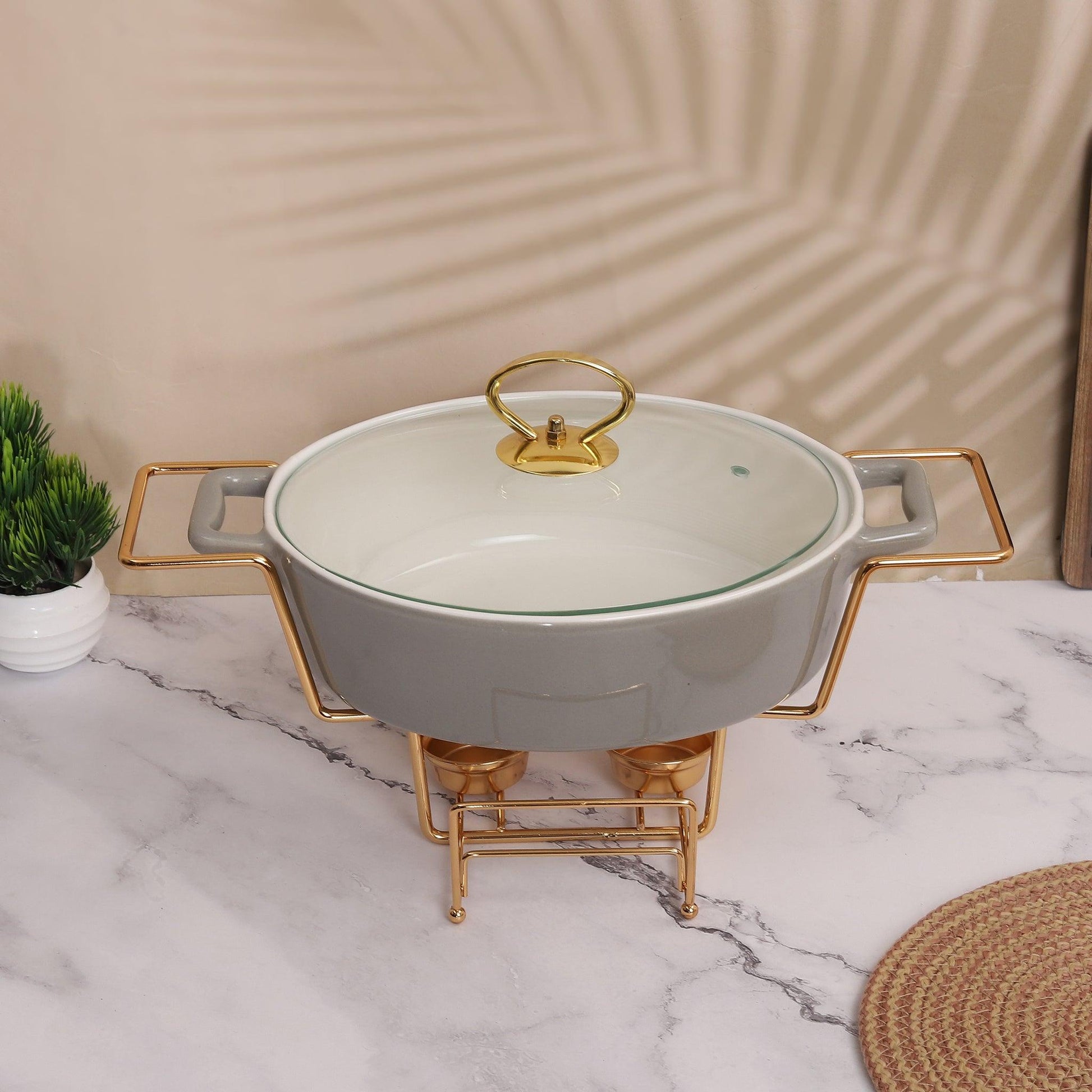 Oval Grey Chafing Dish Casserole with Candle Warmer Stand 29.5 cm 1.5 litre - Amora Crockery
