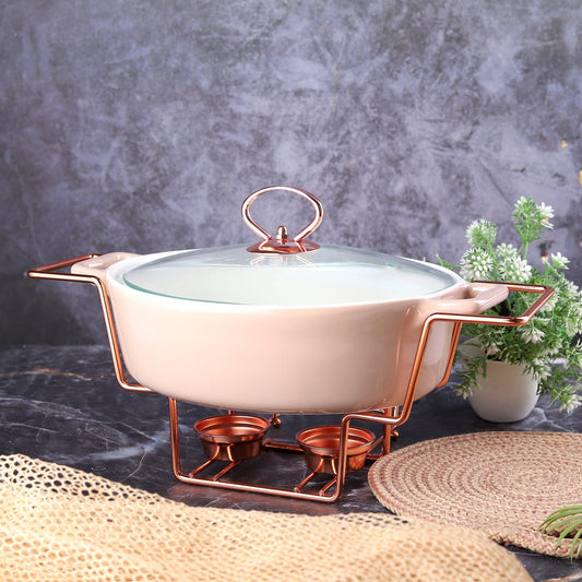 Oval Rose Gold Chafing Dish Casserole in Subtle Pink with Candle Warmer Stand 29.5 CM - Amora Crockery