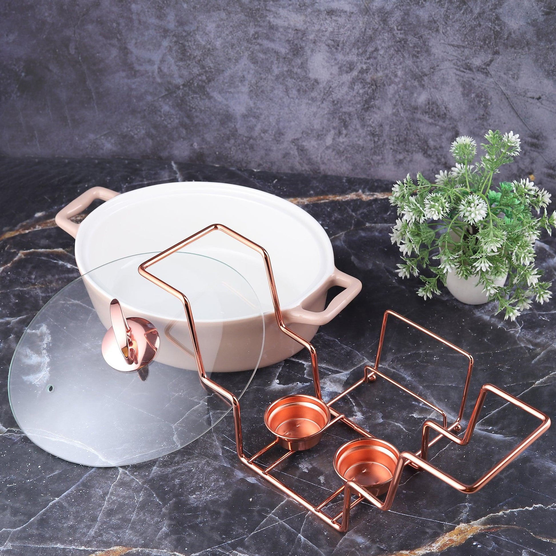Oval Rose Gold Chafing Dish Casserole in Subtle Pink with Candle Warmer Stand 29.5 CM - Amora Crockery