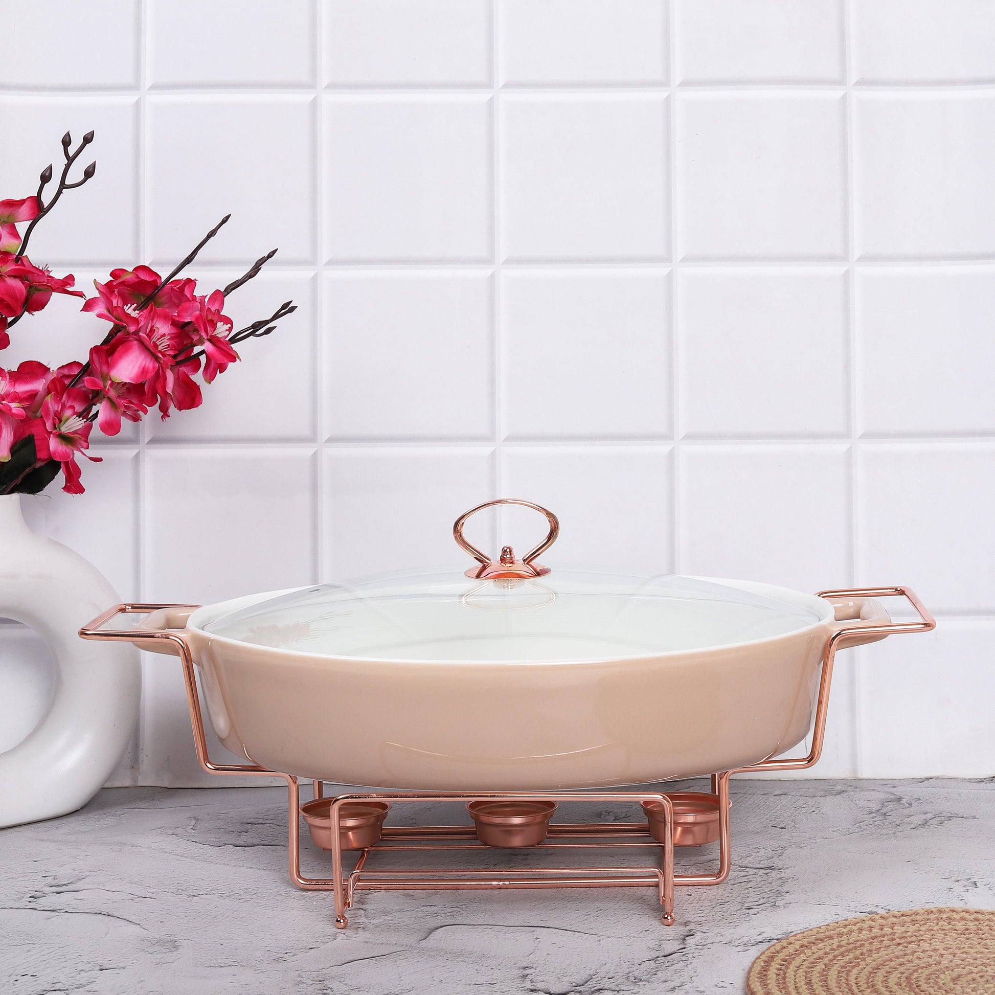 Oval Rose Gold Chafing Dish Casserole with Candle Warmer Stand 43 CM 3 litre - Amora Crockery