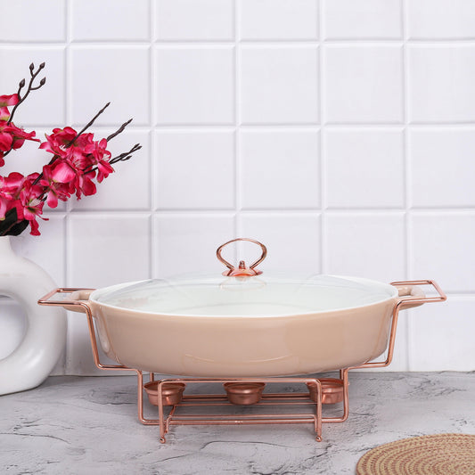 Oval Rose Gold Chafing Dish Casserole with Candle Warmer Stand 43 CM 3 litre - Amora Crockery