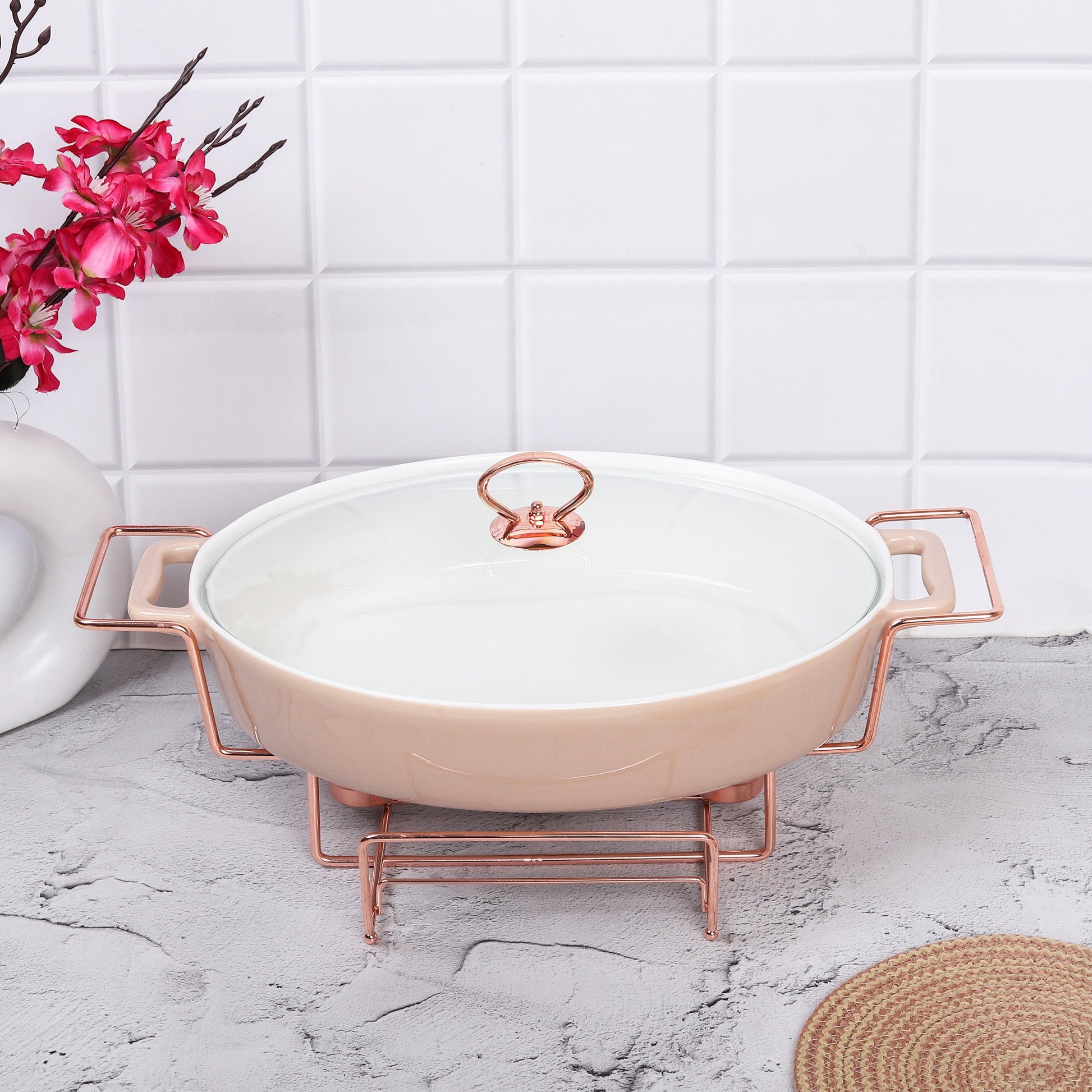 Oval Rose Gold Chafing Dish Casserole with Candle Warmer Stand 43 CM 3 litre - Amora Crockery