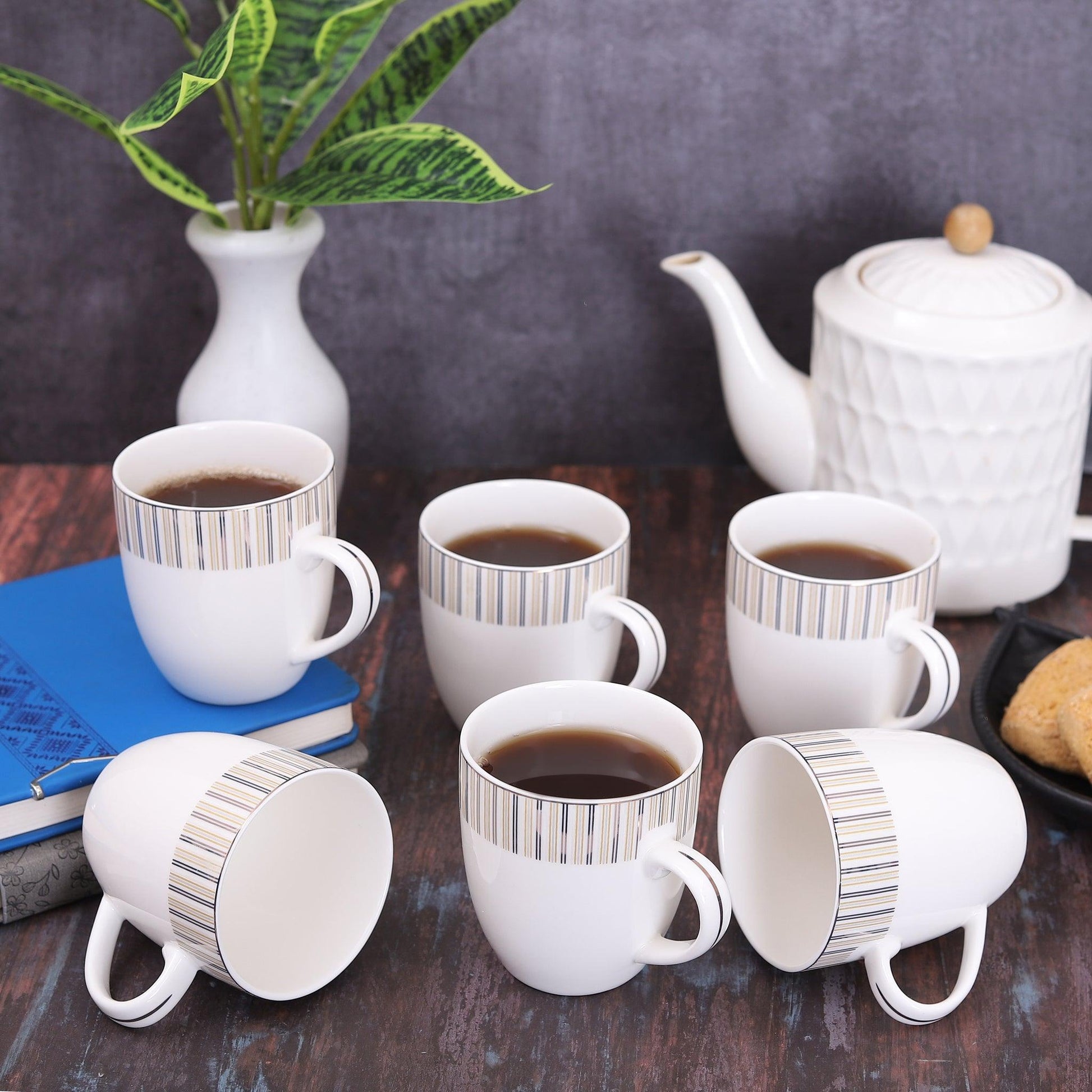 Premium Blue and Golden Verticle Stripes Mug ( Set of 6 ) - Amora Crockery