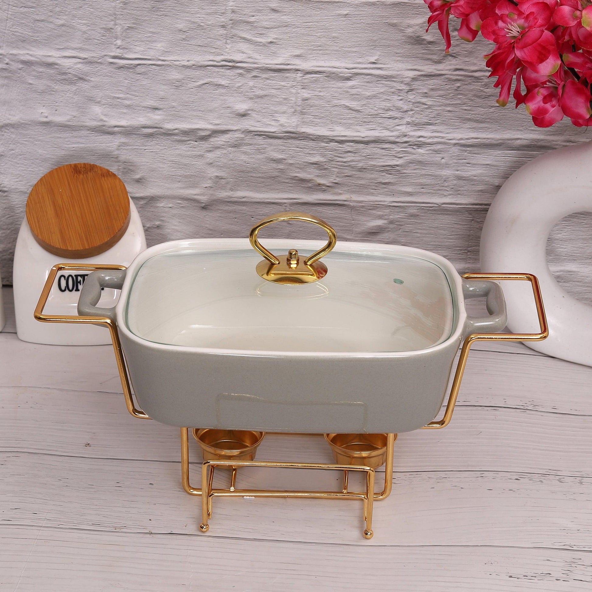 Rectangle Grey Casserole with Candle Warmer Stand 30.5 cm, 1.5 litre - Amora Crockery