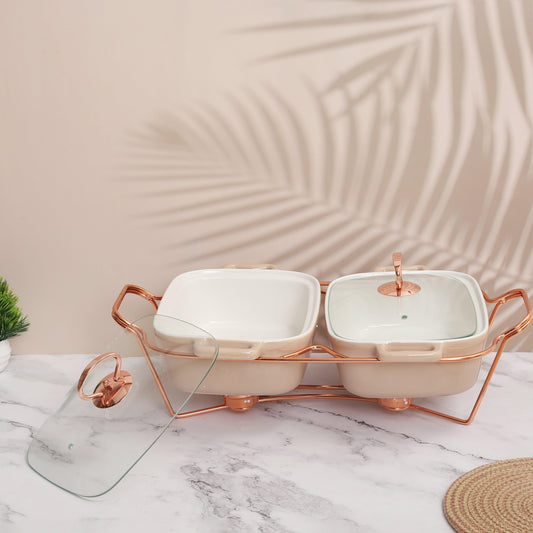 Rectangle Rose Gold 30.5 CM Twins Chafing Dish Casserole with Warmer, 1.5 litre x 2 - Amora Crockery