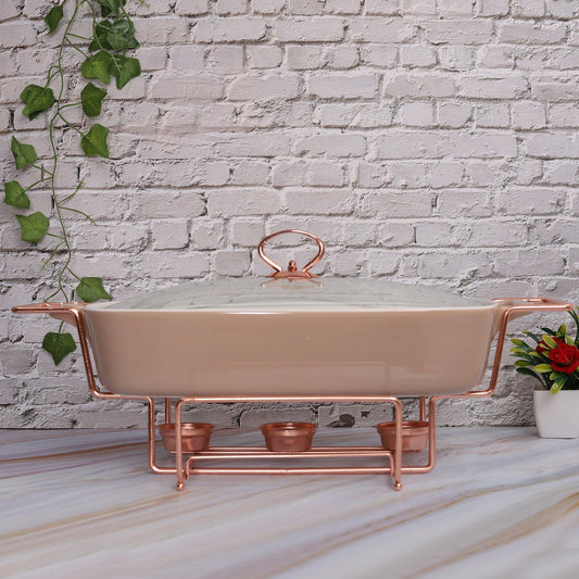 Rectangle Rose Gold Casserole in Subtle Pink with Candle Warmer Stand 43 cm, 3 litre - Amora Crockery