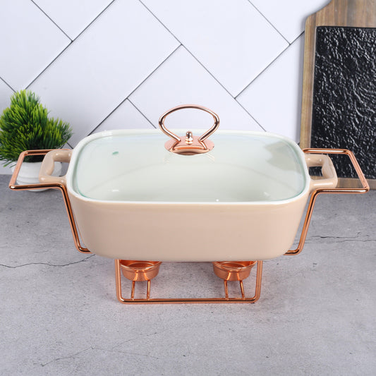 Rectangle Rose Gold Chafing Dish Casserole with Candle Warmer Stand 30.5 cm, 1.5 litre - Amora Crockery