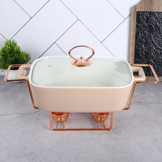 Rectangle Rose Gold Chafing Dish Casserole with Candle Warmer Stand 30.5 cm, 1.5 litre - Amora Crockery