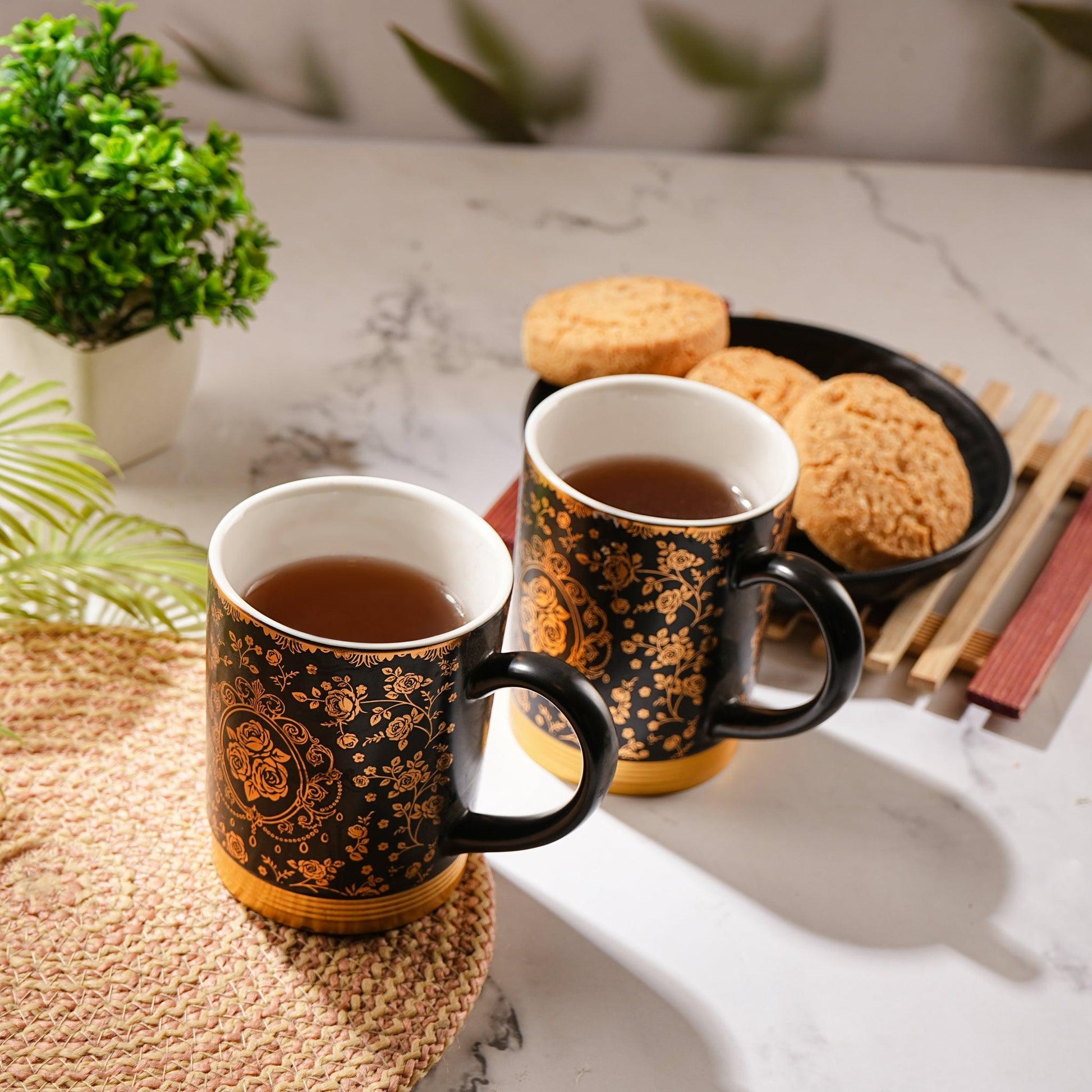 Symmetrical Floral Print with Gold Base for Green Tea and Coffee Lovers ( Set of 2 ) - Amora Crockery