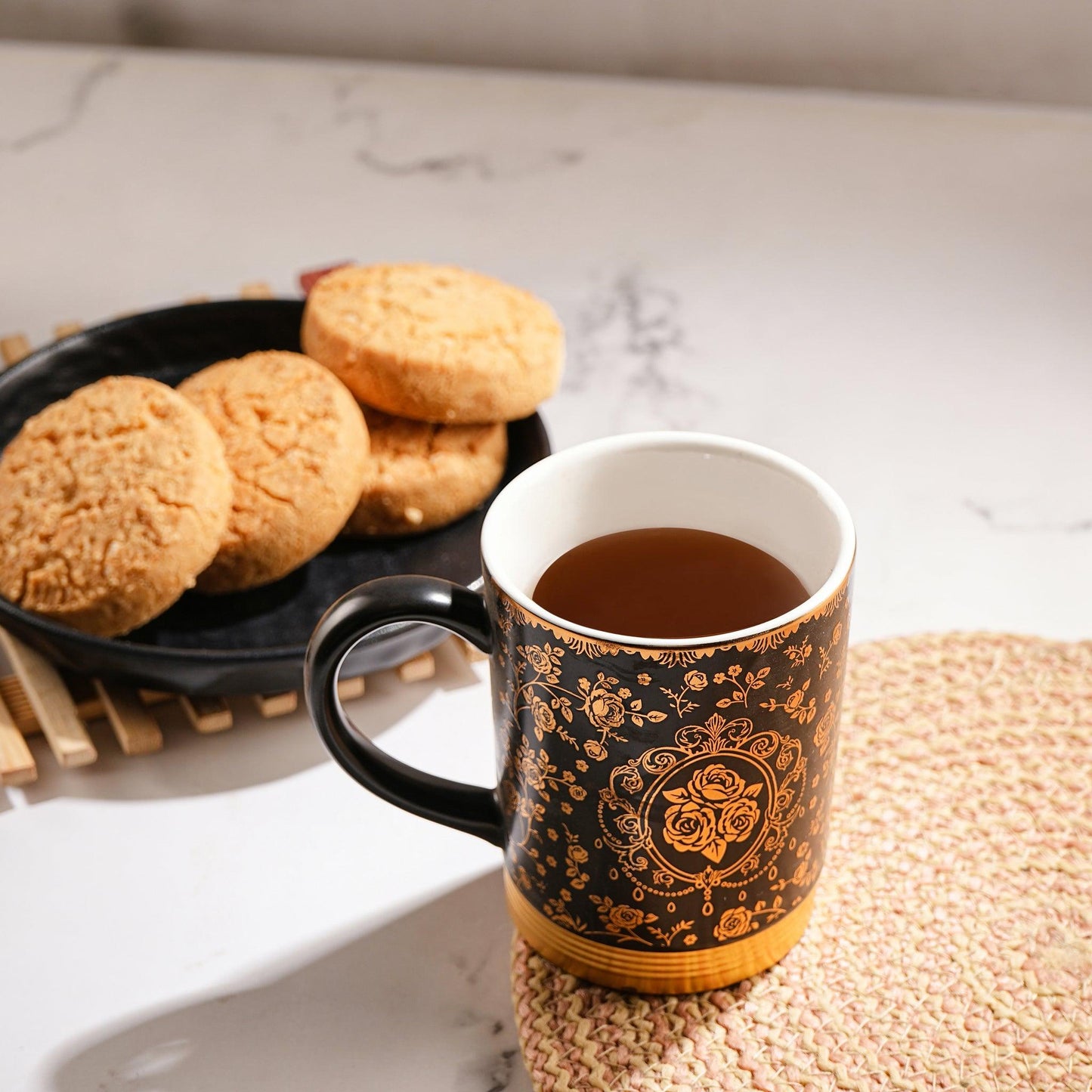 Symmetrical Floral Print with Gold Base for Green Tea and Coffee Lovers ( Set of 2 ) - Amora Crockery